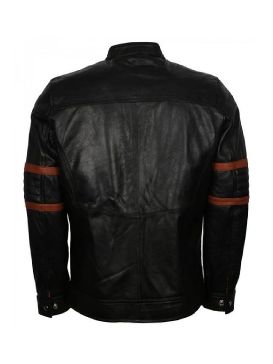 Men's Black Leather Brown Stripped Jacket