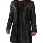 Mens Long Black Leather Coat with Brown Fur Shearling