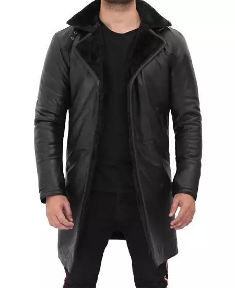 Men's Black Shearling Leather Coat - 3/4 Length