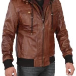 Men's Brown High-Quality Leather Bomber Jacket with a Removable Hood