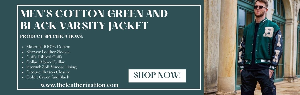 Men's Cotton Green And Black Varsity Jacket 1