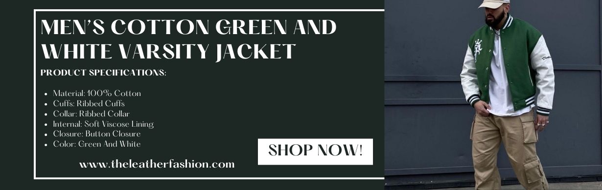 Men's Cotton Green And White Varsity Jacket 1