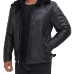 Men's Black Shearling Leather Bomber Jacket