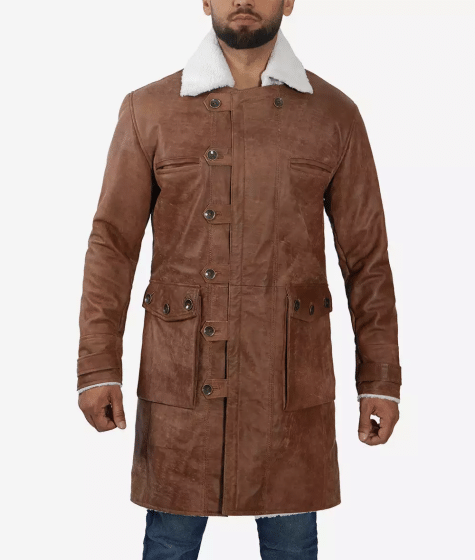 Men's 3/4 Length Distressed Brown Sherpa Leather Coat