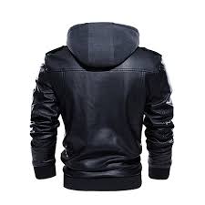 Men’s Slim Fit Black Leather Hooded Jacket