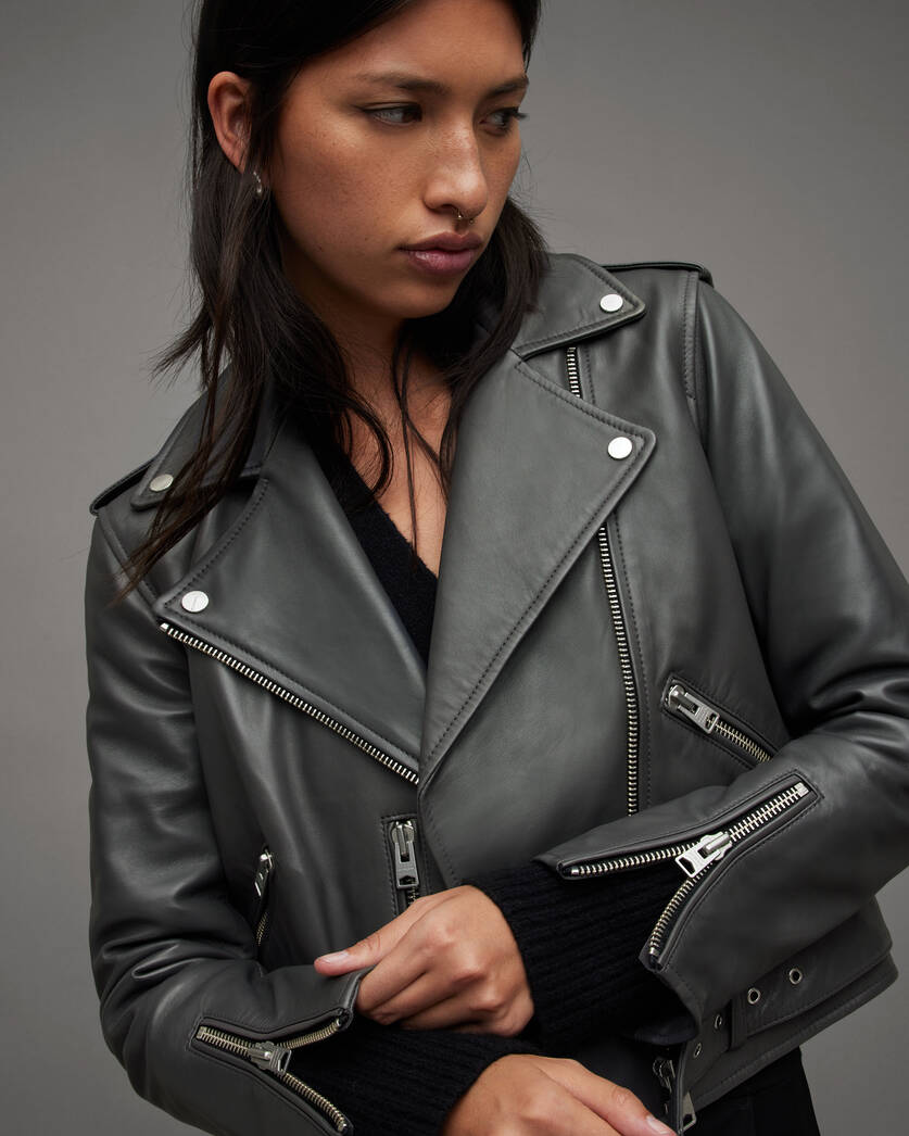 Womens Belted Hem Leather Biker Jacket