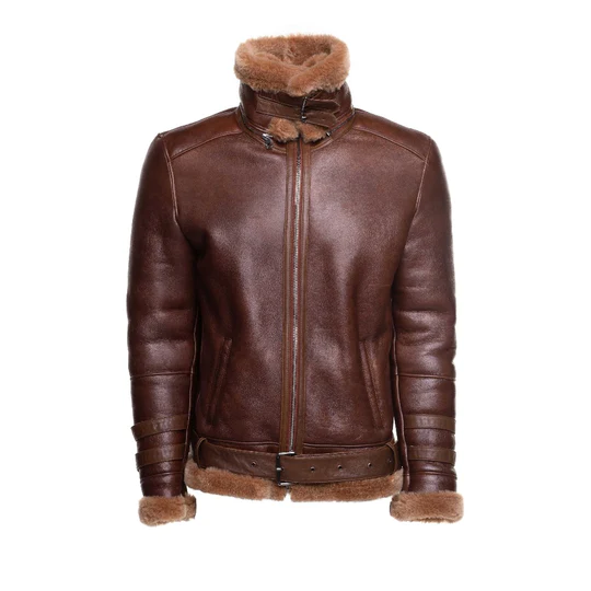 Phan's Brown Aviator bomber shearling jacket with a waist belt