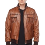 Tan Brown Leather Bomber Jacket