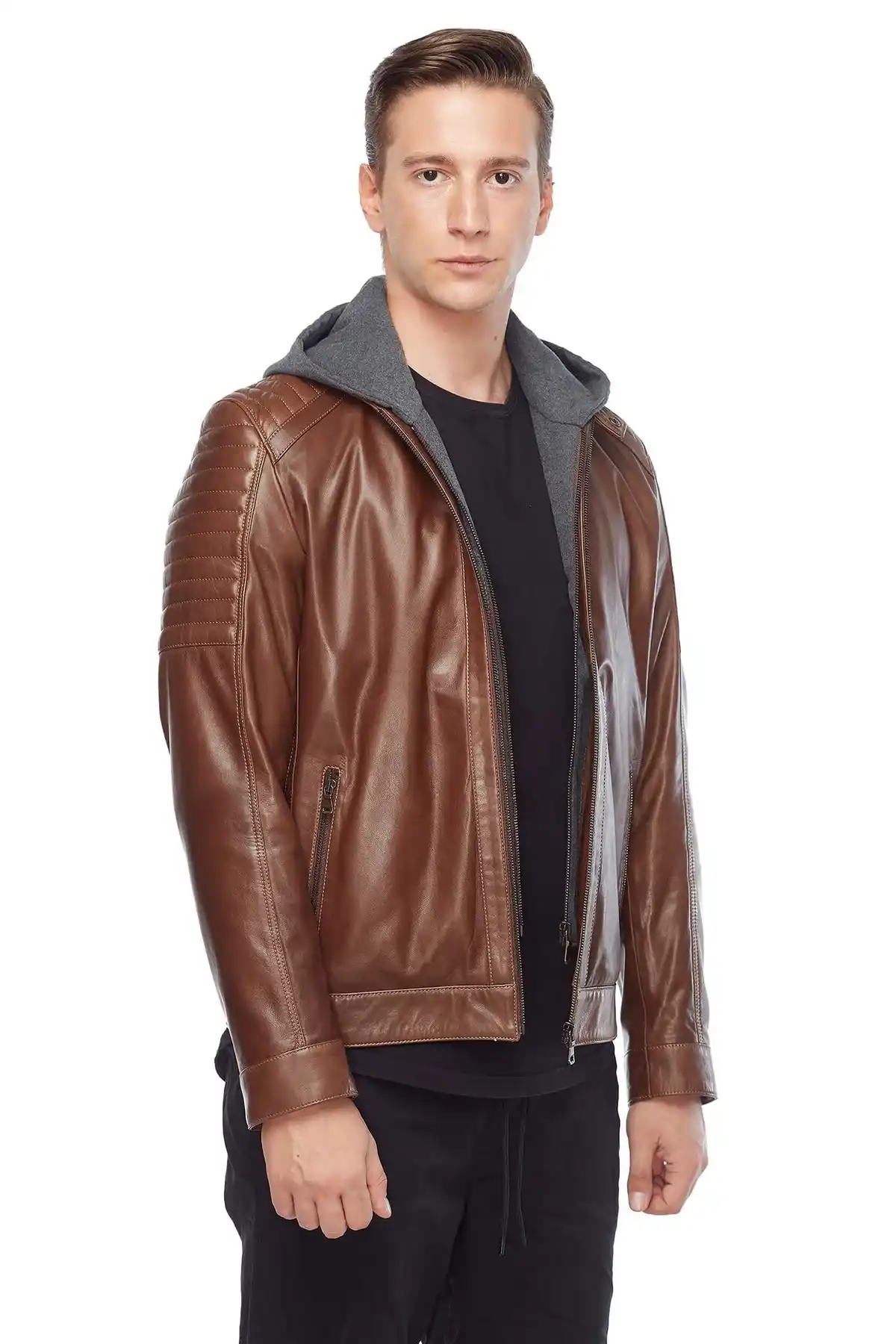 Brown Hooded Men’s Leather Jacket