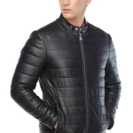 Genuine Black Leather Men’s Puffer Jacket