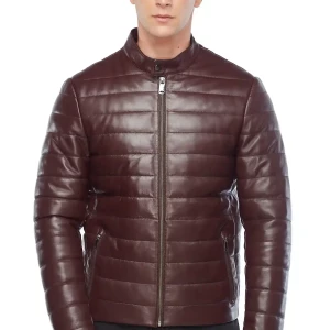 Genuine Maroon Leather Men’s Puffer Jacket