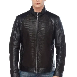 Laser Pyramid Design Genuine Leather Jacket in Black