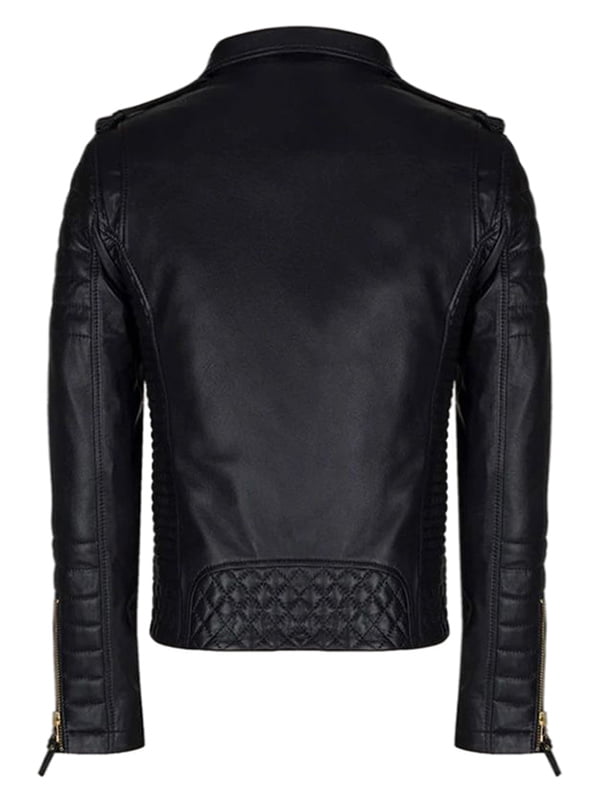 Men’s Black Leather Biker Jacket With Gold Zips