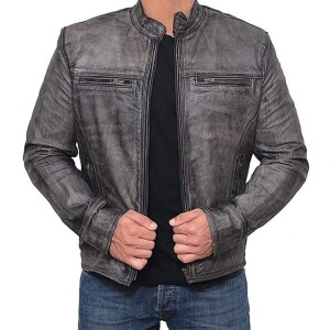 Men’s Distressed Grey Leather Biker Jacket