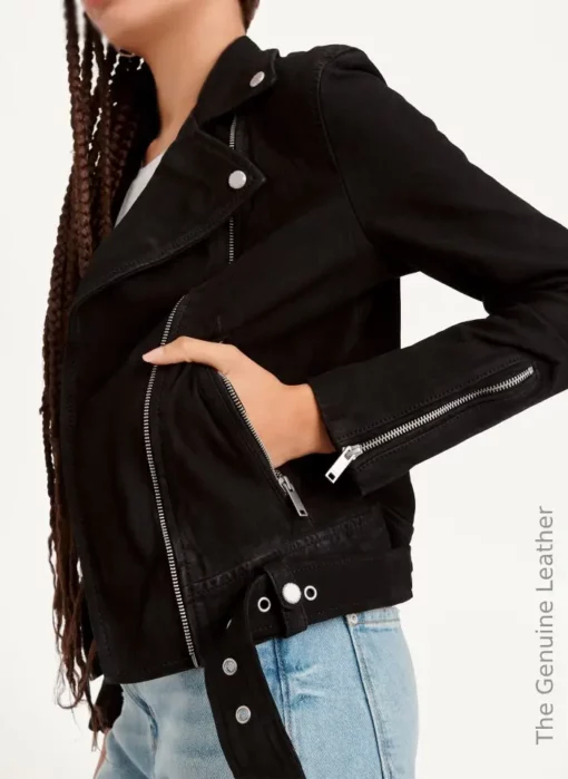 Women Black Motorcycle Suede Leather Jacket