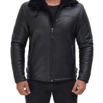 Men's Black Shearling Leather Bomber Jacket