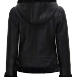 Womens Black Shearling Bomber Leather Jacket with Hood
