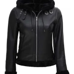 Womens Black Shearling Bomber Leather Jacket with Hood