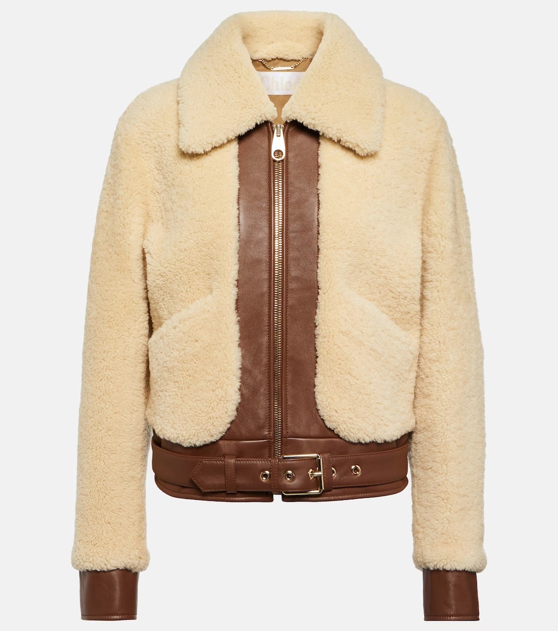 Womens Leather Trimmed Shearling Jacket