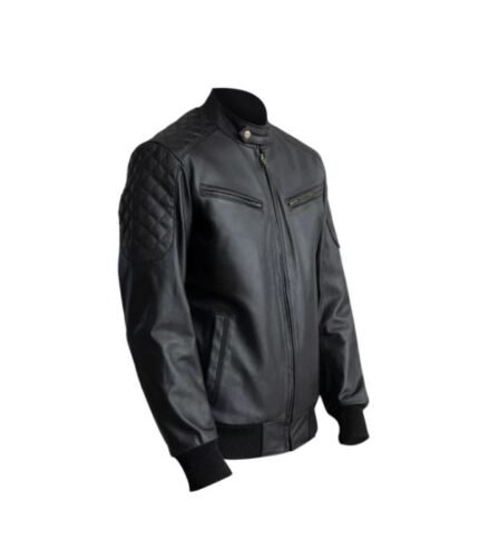 Black Leather Bomber Casual Jacket