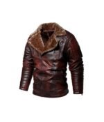 Motorcycle Shearling Leather Distressed Burgundy Jacket