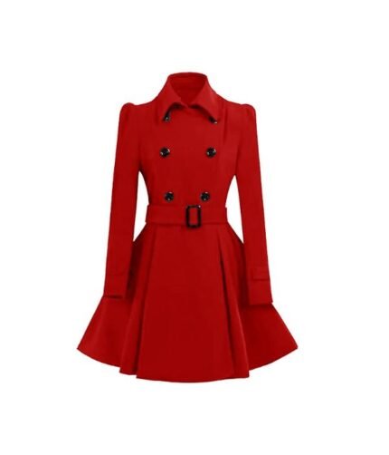 Women Double Breasted Swing Pea Red Coat