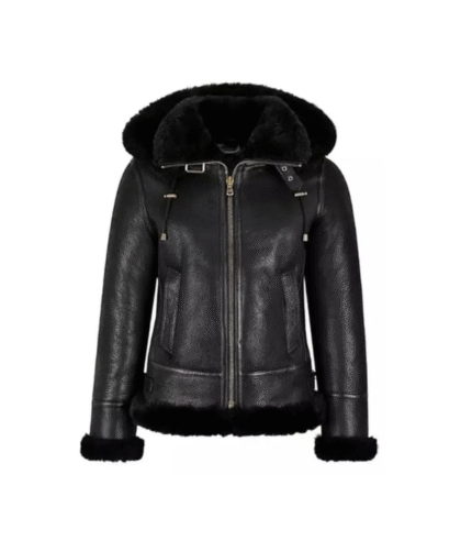 Women Shearling Black Leather Premium Hooded Jacket 2
