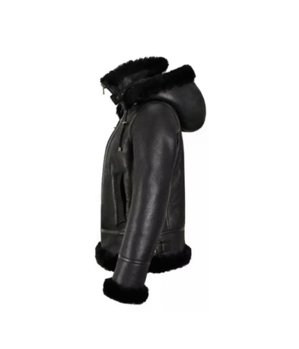 Women Shearling Black Leather Premium Hooded Jacket 3