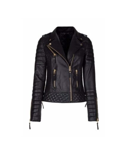 Womens Slim Fit Leather Motorcycle Studded Black Jacket