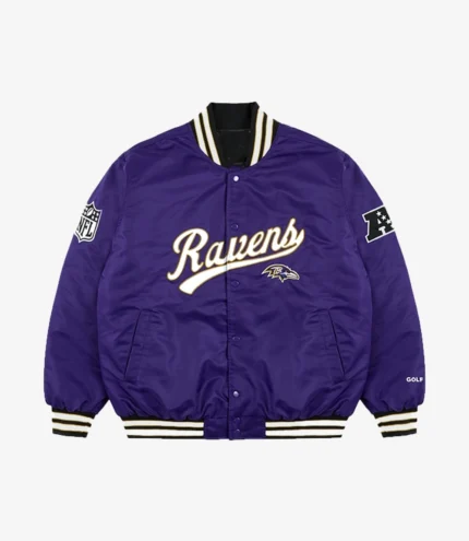 Unisex Baltimore Ravens Golf Wang 2025 Purple Satin Full-Snap Bomber Jacket