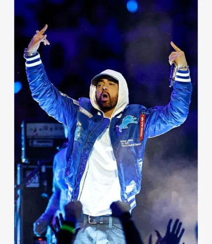 Packers v Lions Halftime Show Eminem New Era x Alpha Industries Blue Detroit Lions MA-1 Full-Zip Bomber Jacket