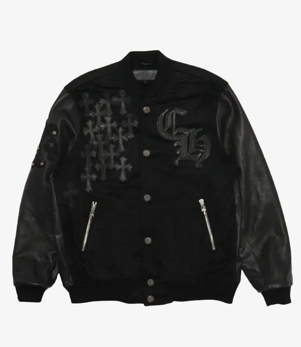 Unisex Chrome Heart Black Letterman Varsity Jacket Chrome Heart Black Letterman Varsity Jacket