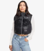 Black San Francisco 49ers Faux Leather Cropped Puffer Vest For Women