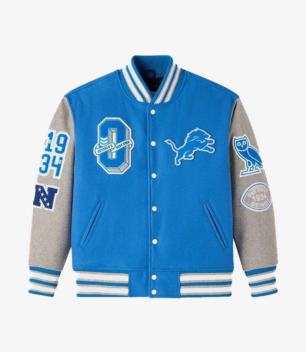 2025 Detroit Lions OVO Wool Varsity Jacket in Blue & Grey Unisex 2025 Detroit Lions OVO Wool Varsity Jacket in Blue & Grey