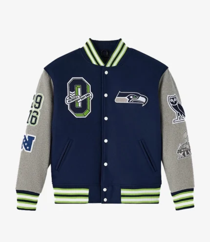 Unisex 2025 Seattle Seahawks OVO Wool Varsity Jacket in Navy & Grey