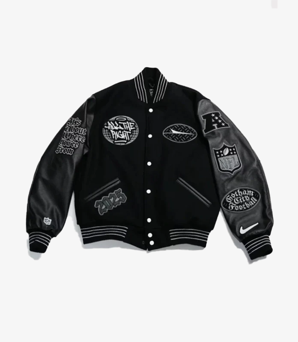 All The Right x New York Jets Gotham City Football Black Varsity Jacket All The Right x New York Jets Gotham City Football Black Varsity Jacket For Men & Women