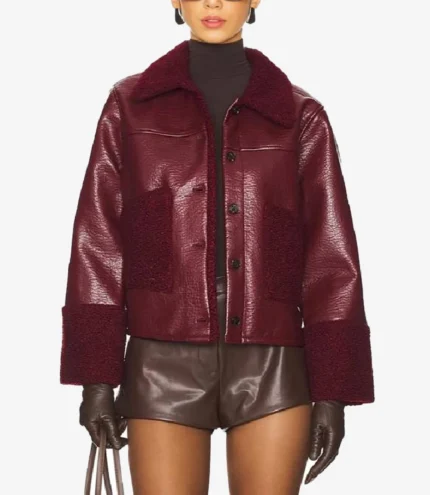 Ambyr Michelle TV Series Beyond the Gates 2025 Eva Thomas Maroon Leather Sherpa Jacket