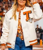 Unisex Country Music Artist Miranda Lambert Texas A&M 2025 Memorial Stadium White & Orange Full Snap Bomber Jacket