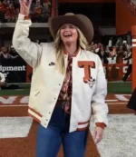 Country Music Artist Miranda Lambert Texas A&M 2025 Memorial Stadium White & Orange Full Snap Bomber Jacket