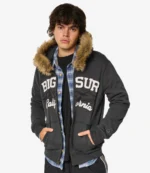 Faux Fur Trim Zip-Up Big Sur Graphic Hoodie