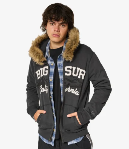 Faux Fur Trim Zip-Up Big Sur Graphic Hoodie