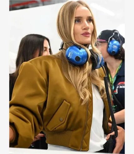 Formula 1 Qatar Grand Prix 2025 Rosie Huntington Whiteley Golden Satin Bomber Jacket