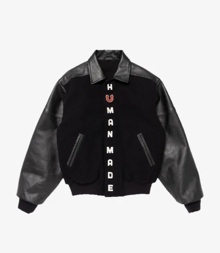 Unisex Human Made 2025 Black Stadium Wool & Leather Varsity Jacket