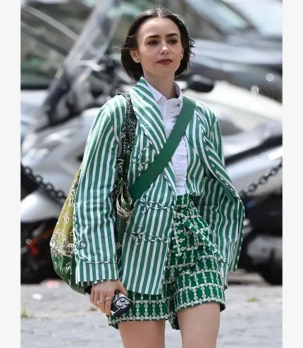 Lily Collins Emily in Paris Season 5 Emily Cooper Green Striped Blazer Jacket