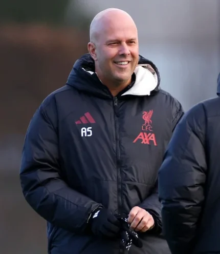 Unisex Liverpool’s Dutch Manager Arne Slot UEFA Champions League 2025 Red Club Crest Liverpool FC Black Puffer Hooded Jacket