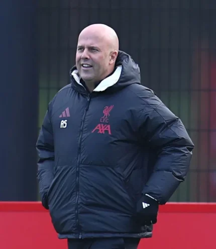 Liverpool’s Dutch Manager Arne Slot UEFA Champions League 2025 Red Club Crest Liverpool FC Black Puffer Hooded Jacket
