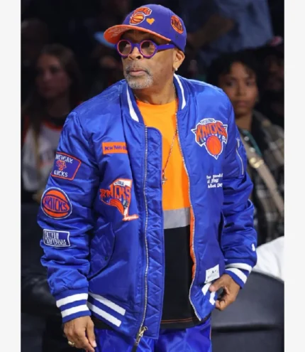 Unisex Spike Lee Emirates Cup Semifinals 2025 Knicks Chest Logo, Orange Pull-Tab MA-1 Sleeve Pocket Royal Blue Satin Bomber Jacket