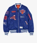Spike Lee Emirates Cup Semifinals 2025 Knicks Chest Logo, Orange Pull-Tab MA-1 Sleeve Pocket Royal Blue Satin Bomber Jacket