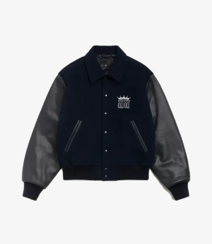 Unisex Stussy King Navy Blue & Black Varsity Jacket