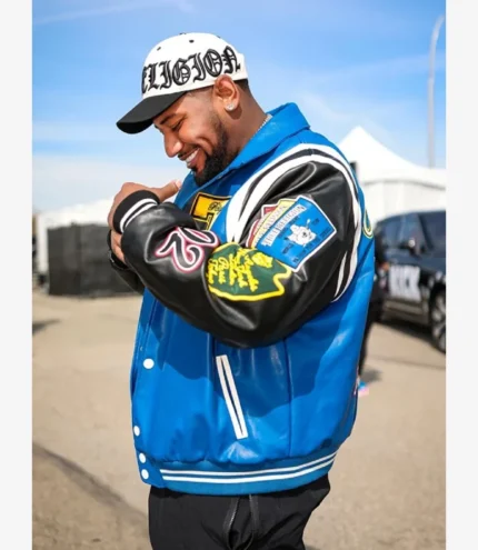 Unisex The Rolling Loud Festival Rapper Derrick Milano Blue and Black Varsity Leather Jacket